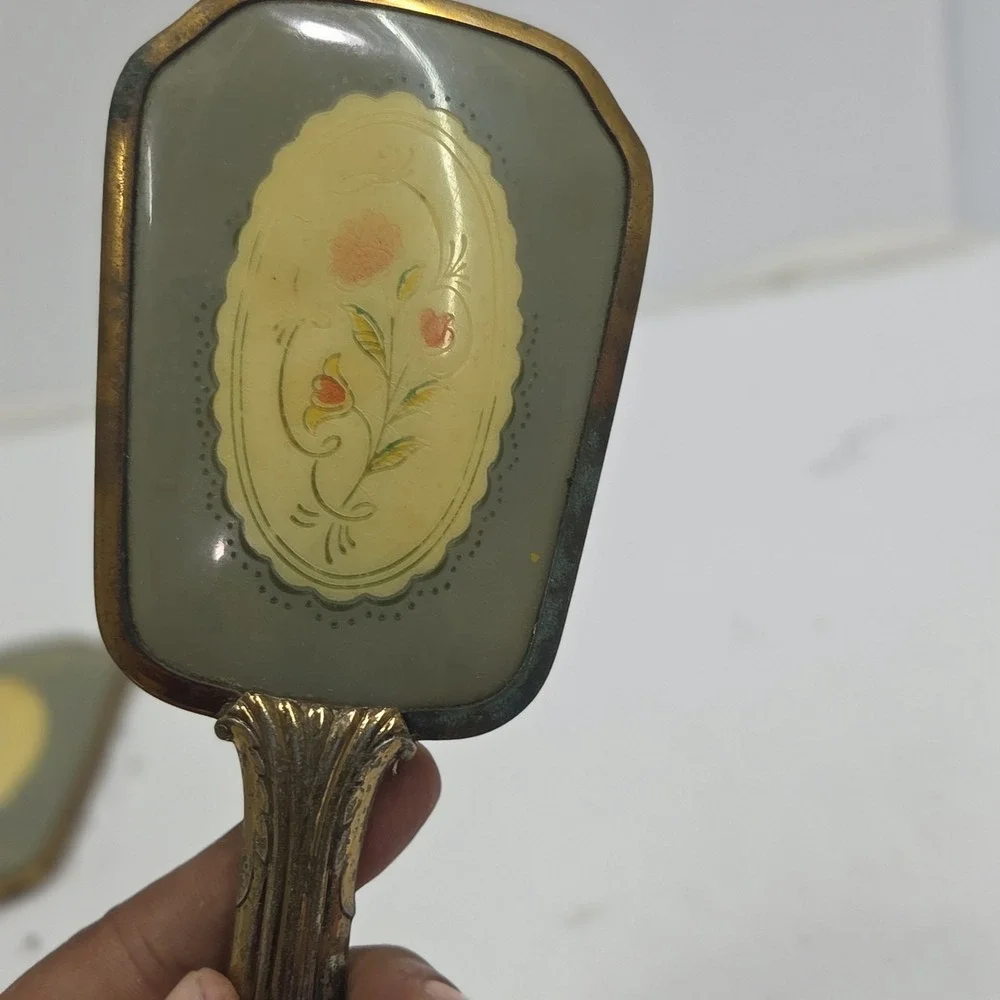 Vintage‎ Antique Celluloid Dresser Set Hand Mirror Hair Brush Floral Vanity 2 Pc